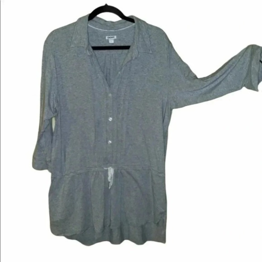 DKNY Gray‎ 3/4 Sleeve Drawstring Waist Tunic Top Blouse Shirt Large